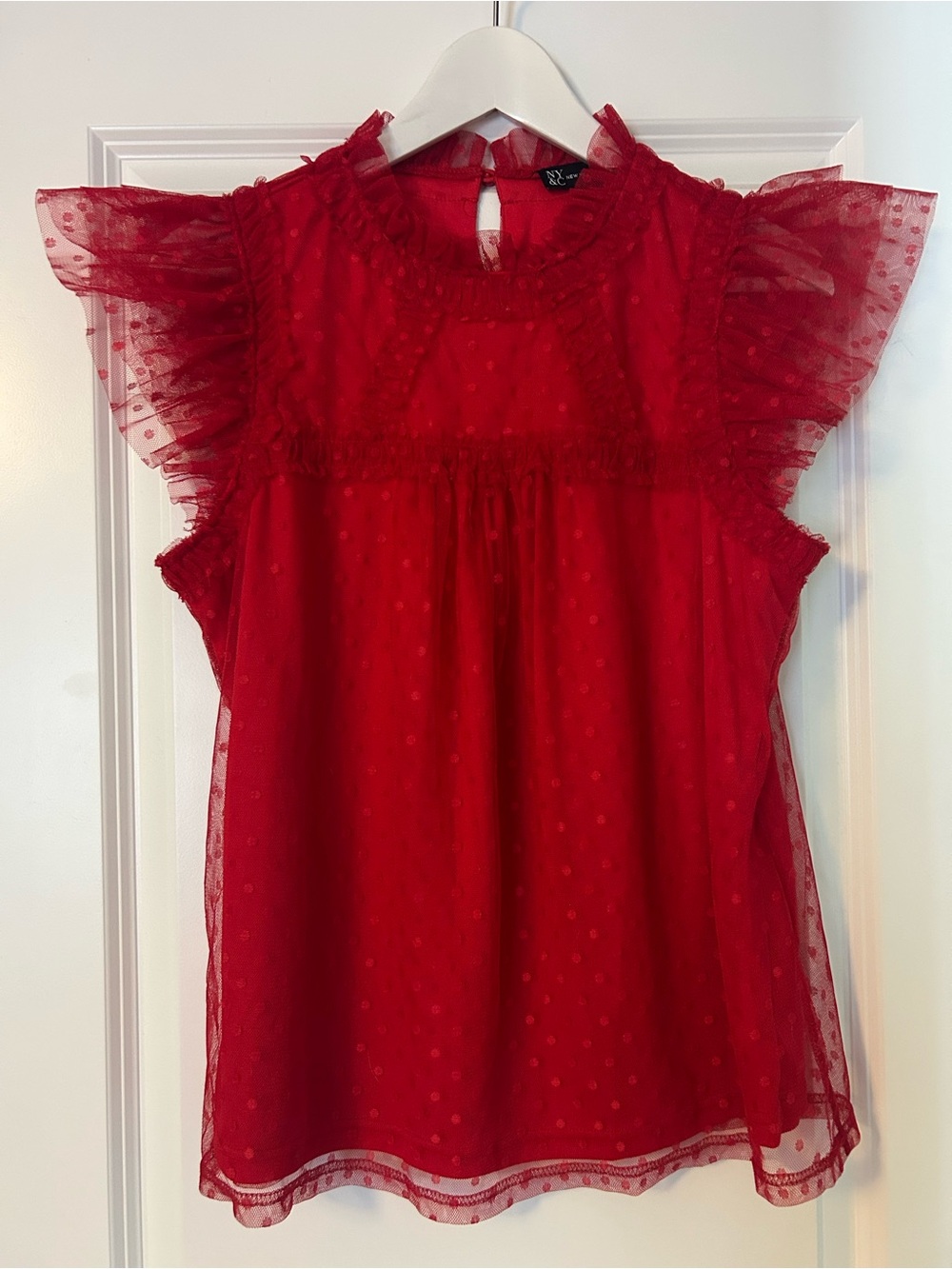 New York & Company Red Ruffled Sleeveless Swiss Dot Blouse